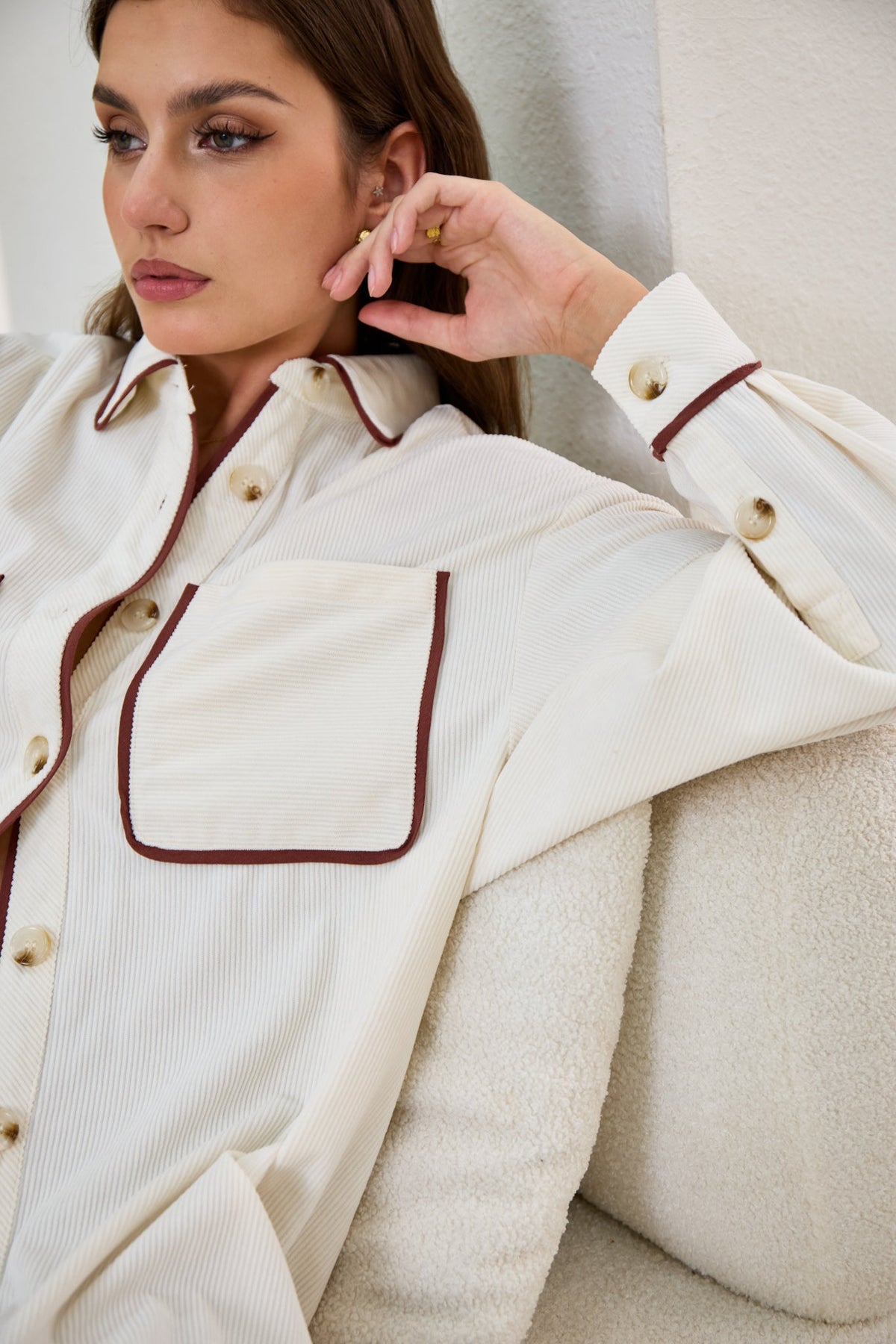 White Contrast Corduroy Shacket