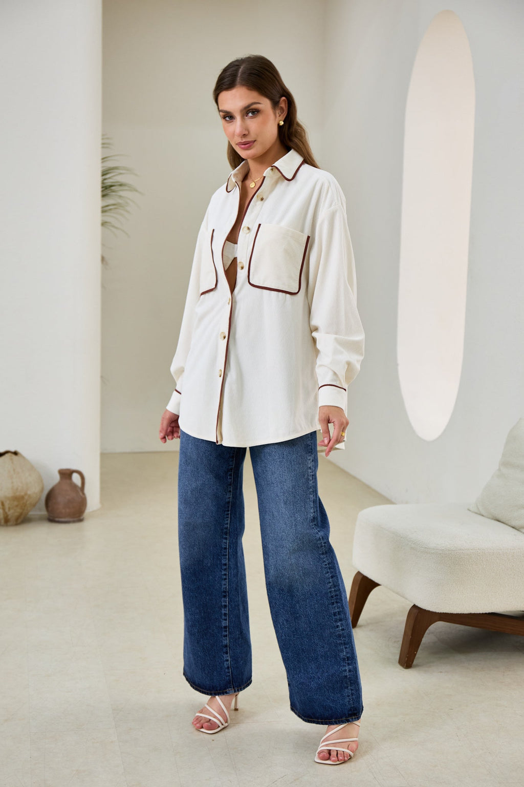 White Contrast Corduroy Shacket