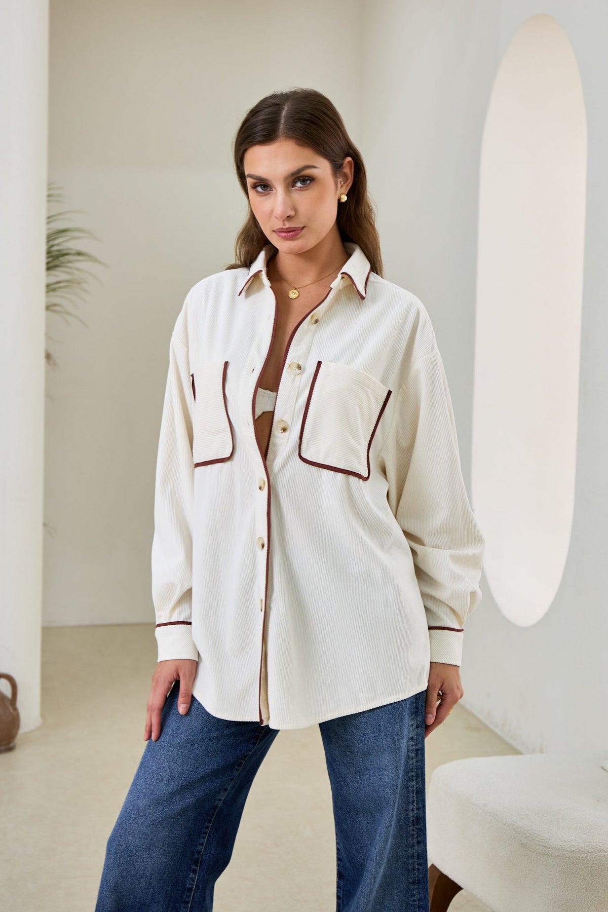 White Contrast Corduroy Shacket