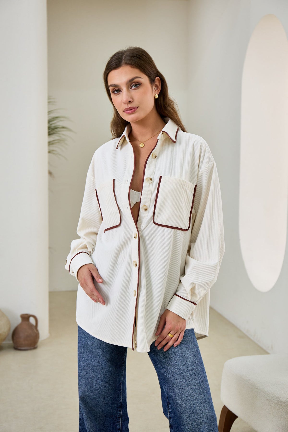 White Contrast Corduroy Shacket