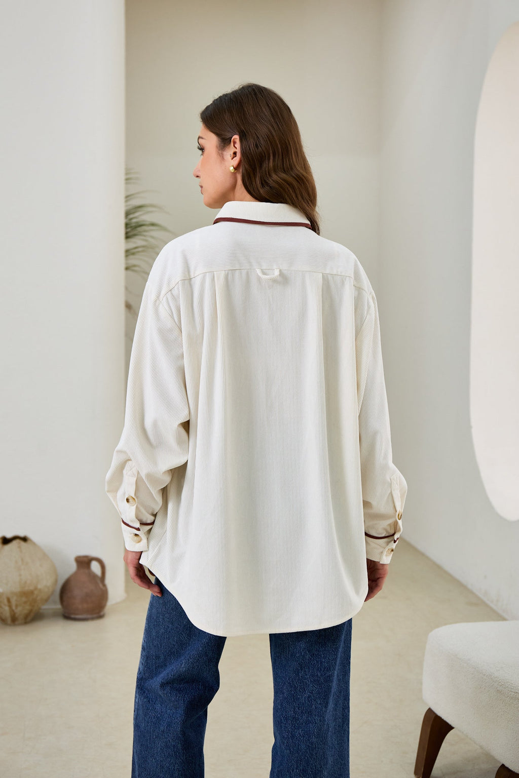 White Contrast Corduroy Shacket