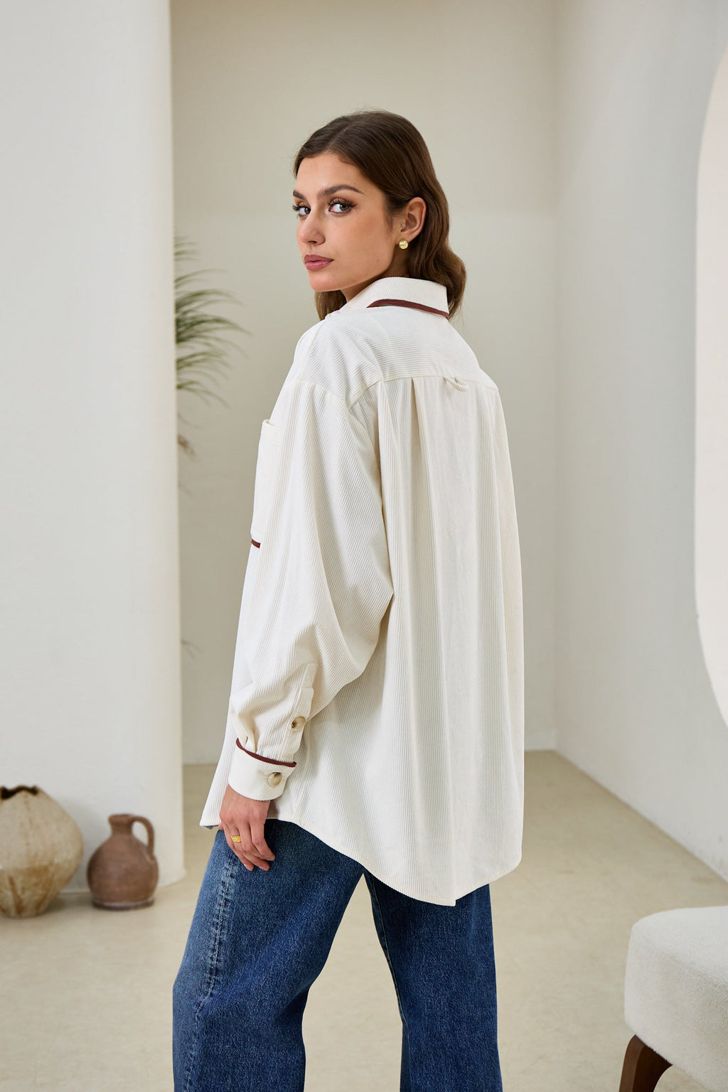 White Contrast Corduroy Shacket
