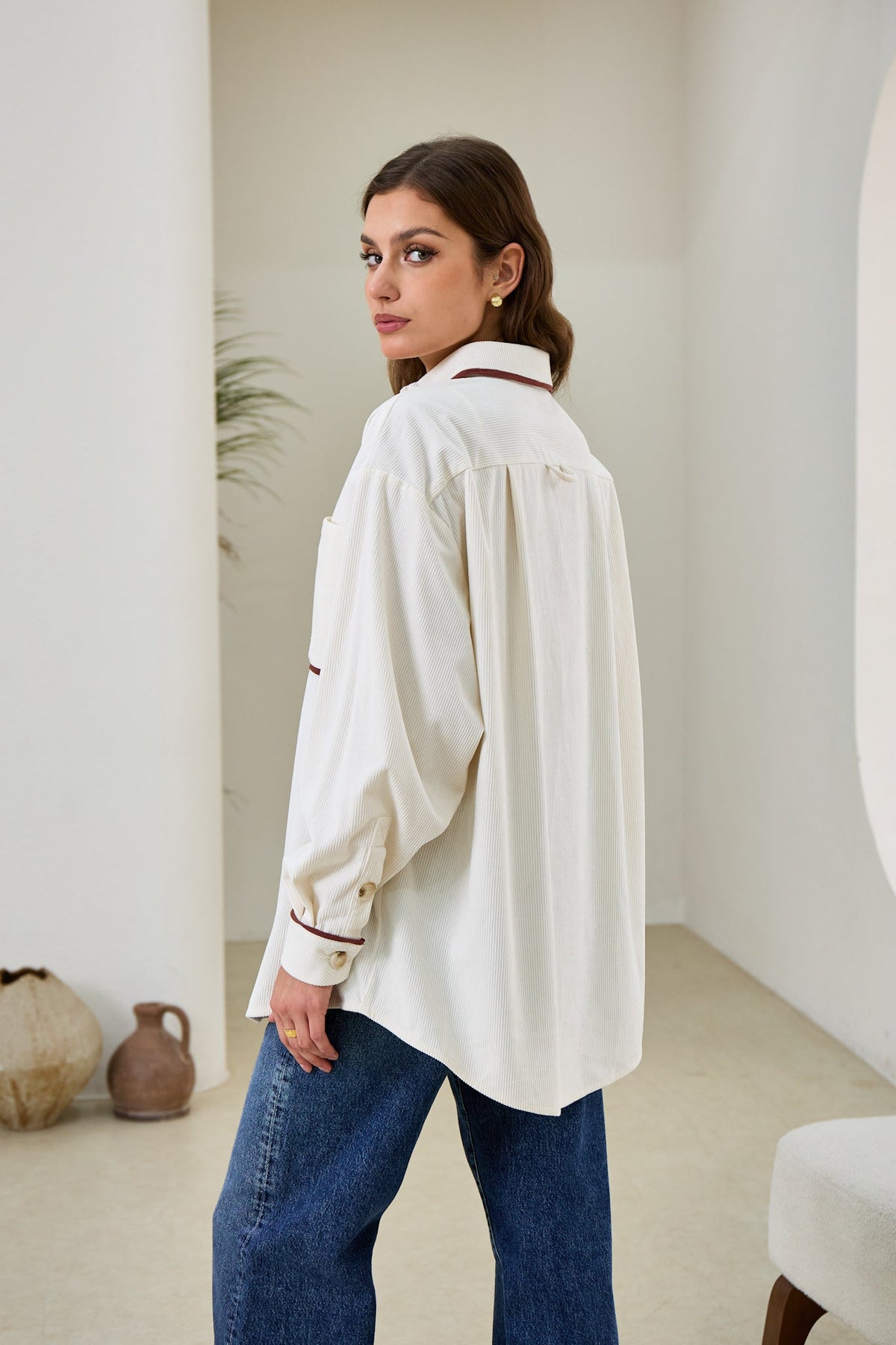 White Contrast Corduroy Shacket