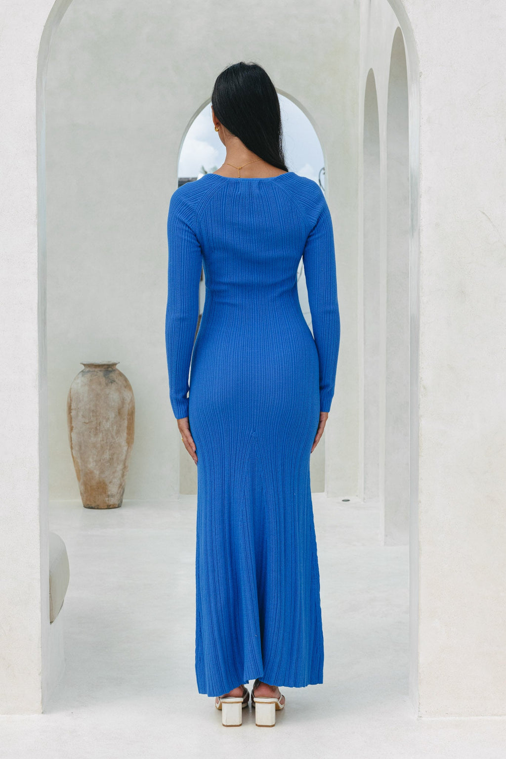 Blue Long Sleeve Knit Maxi Dress