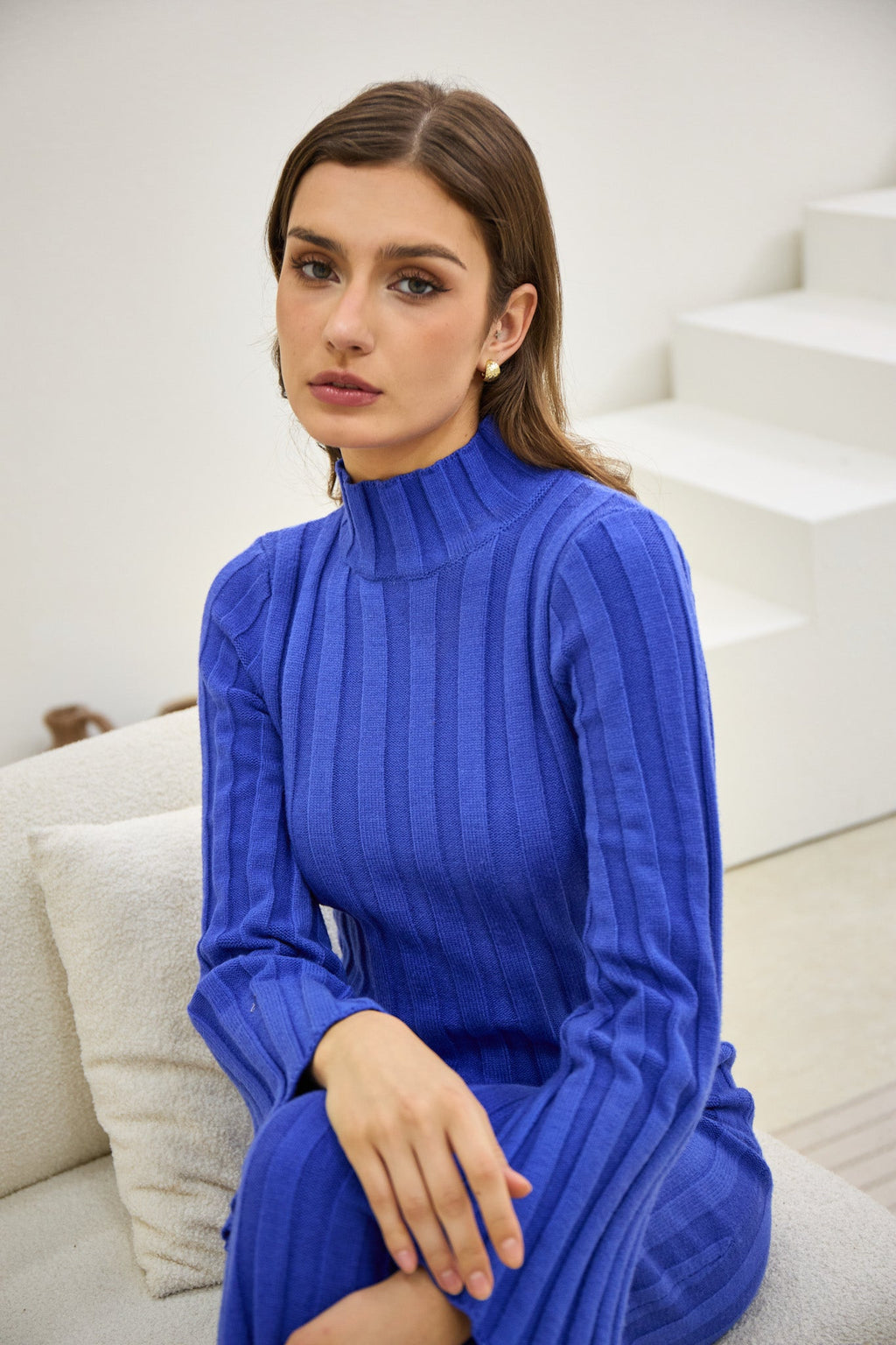 Blue Flute Sleeve Knit Midi Dress