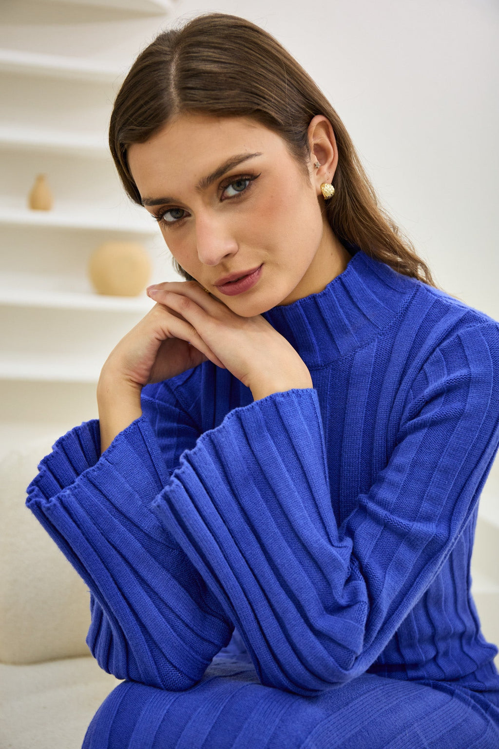 Blue Flute Sleeve Knit Midi Dress