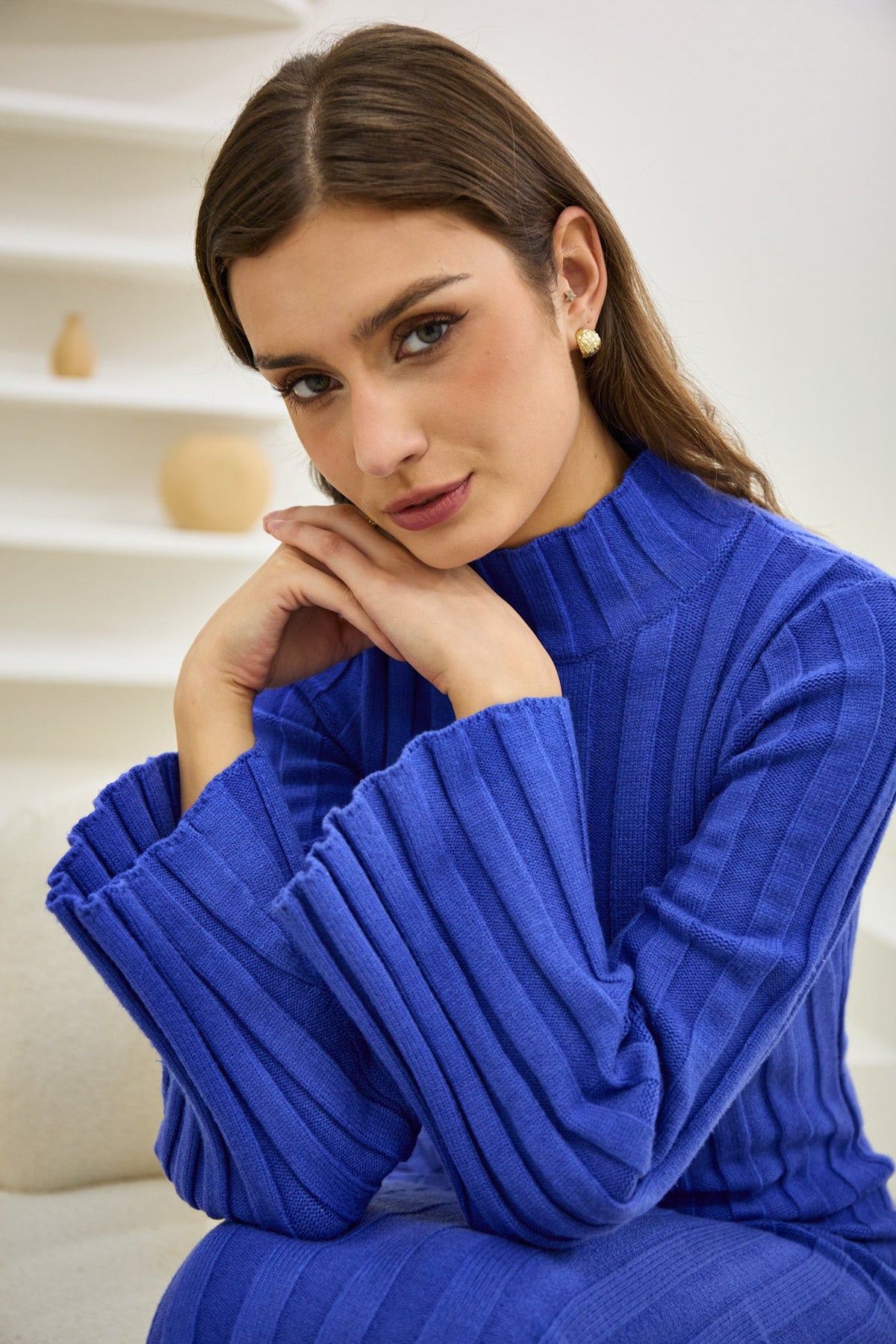 Blue Flute Sleeve Knit Midi Dress