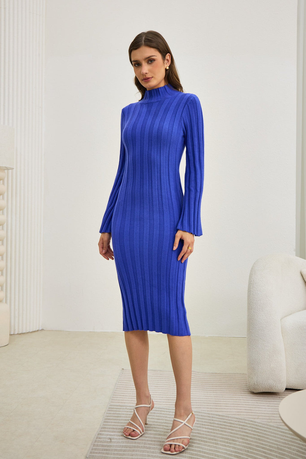 Blue Flute Sleeve Knit Midi Dress