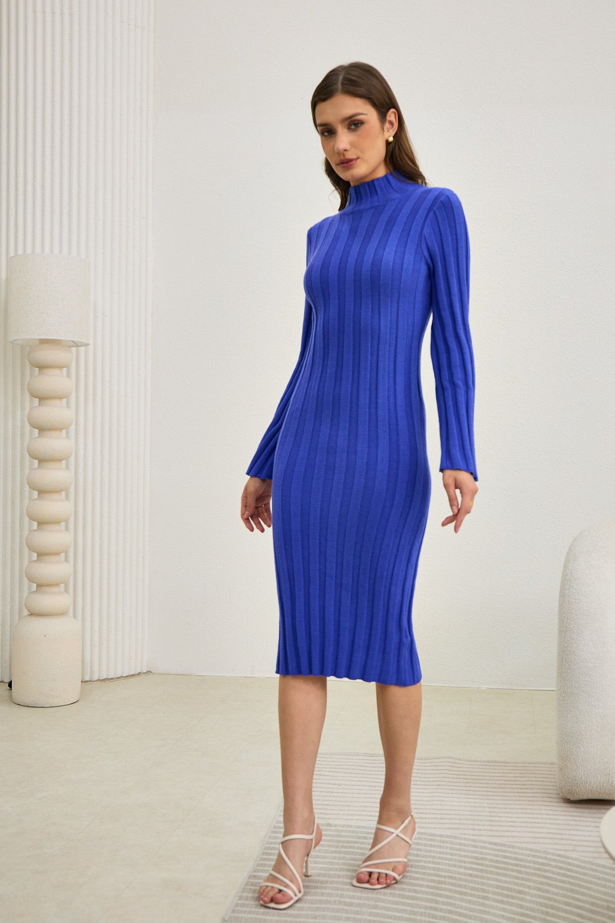 Blue Flute Sleeve Knit Midi Dress