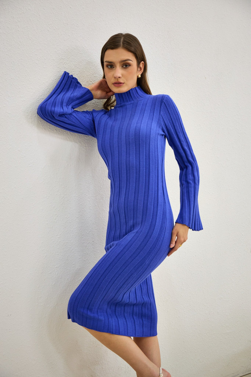 Blue Flute Sleeve Knit Midi Dress