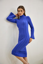 Blue Flute Sleeve Knit Midi Dress