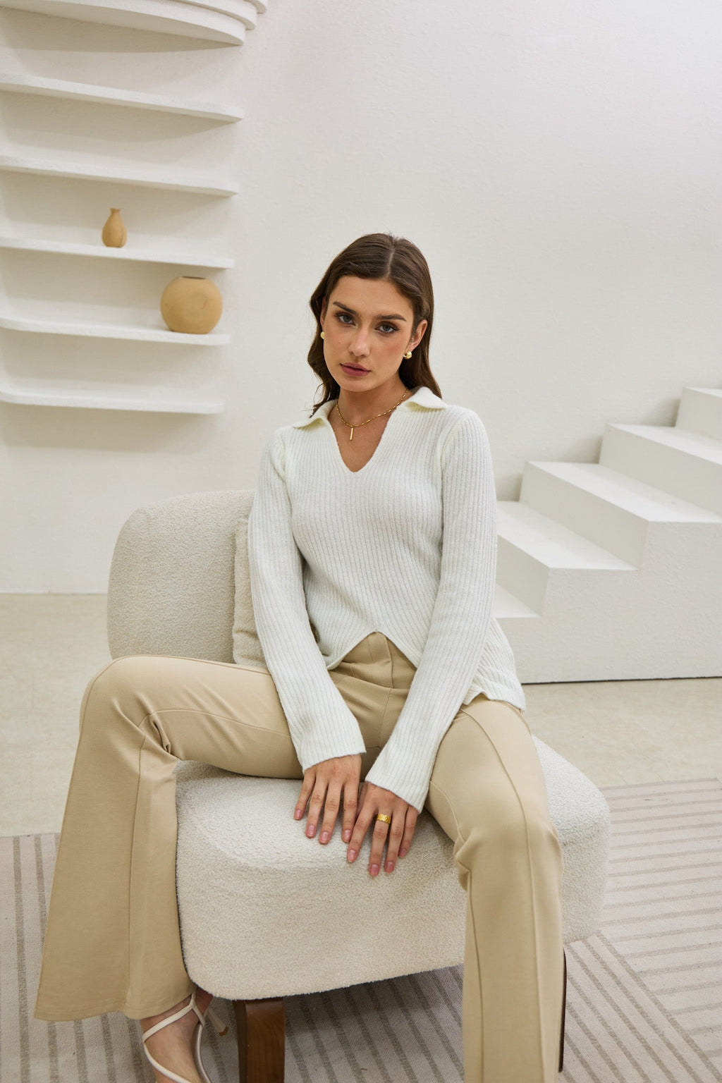 Off White Split Long Sleeve Knit Top