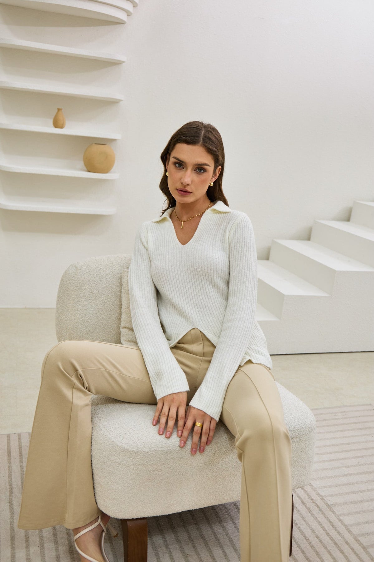 Off White Split Long Sleeve Knit Top