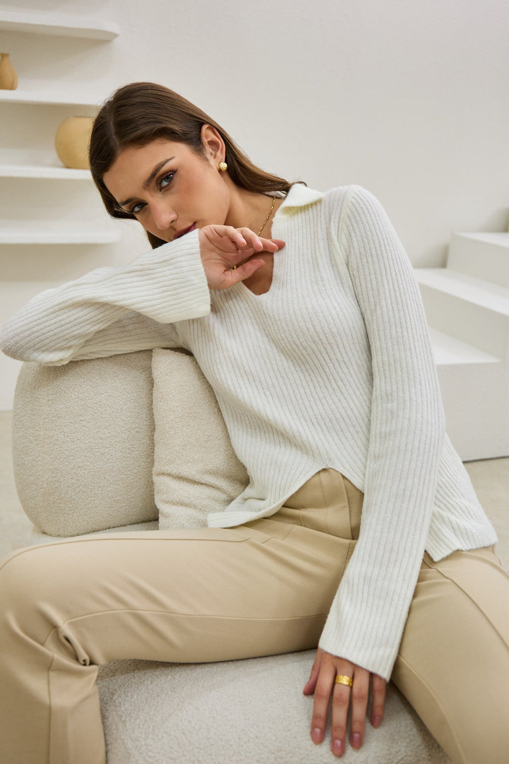 Off White Split Long Sleeve Knit Top