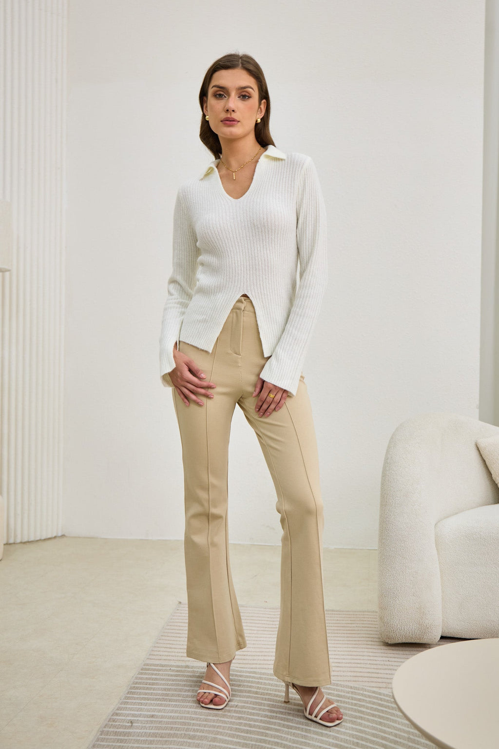 Off White Split Long Sleeve Knit Top