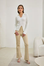 Off White Split Long Sleeve Knit Top