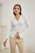 Off White Split Long Sleeve Knit Top