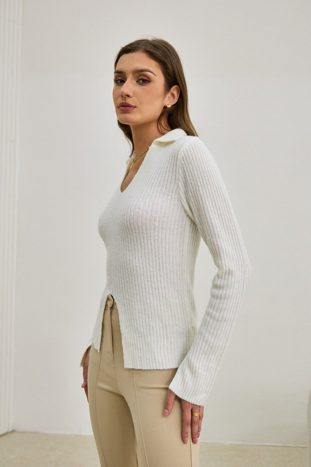 Off White Split Long Sleeve Knit Top