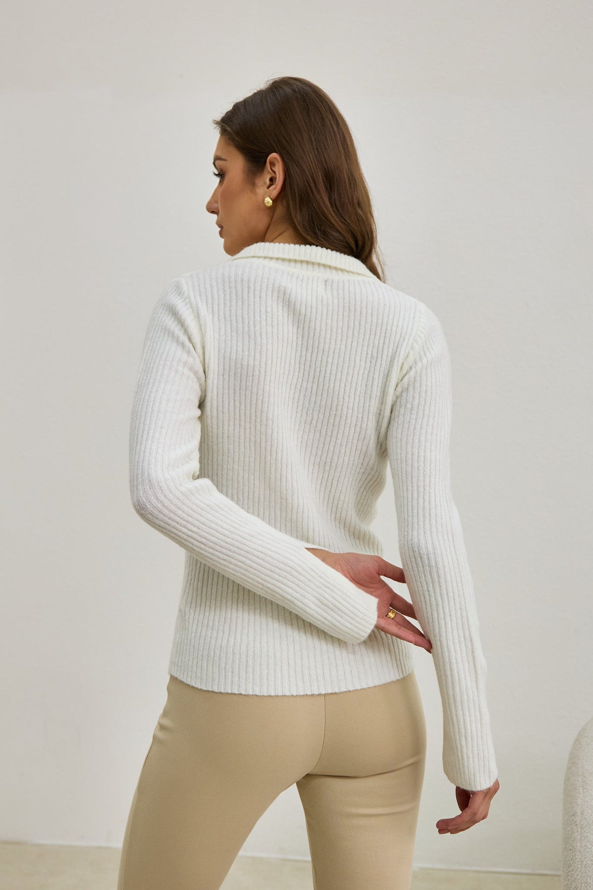 Off White Split Long Sleeve Knit Top