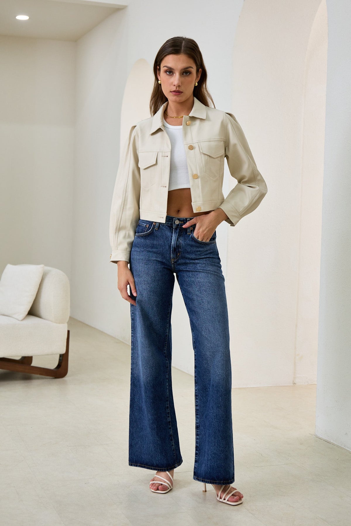 Beige Cropped Faux Leather Jacket