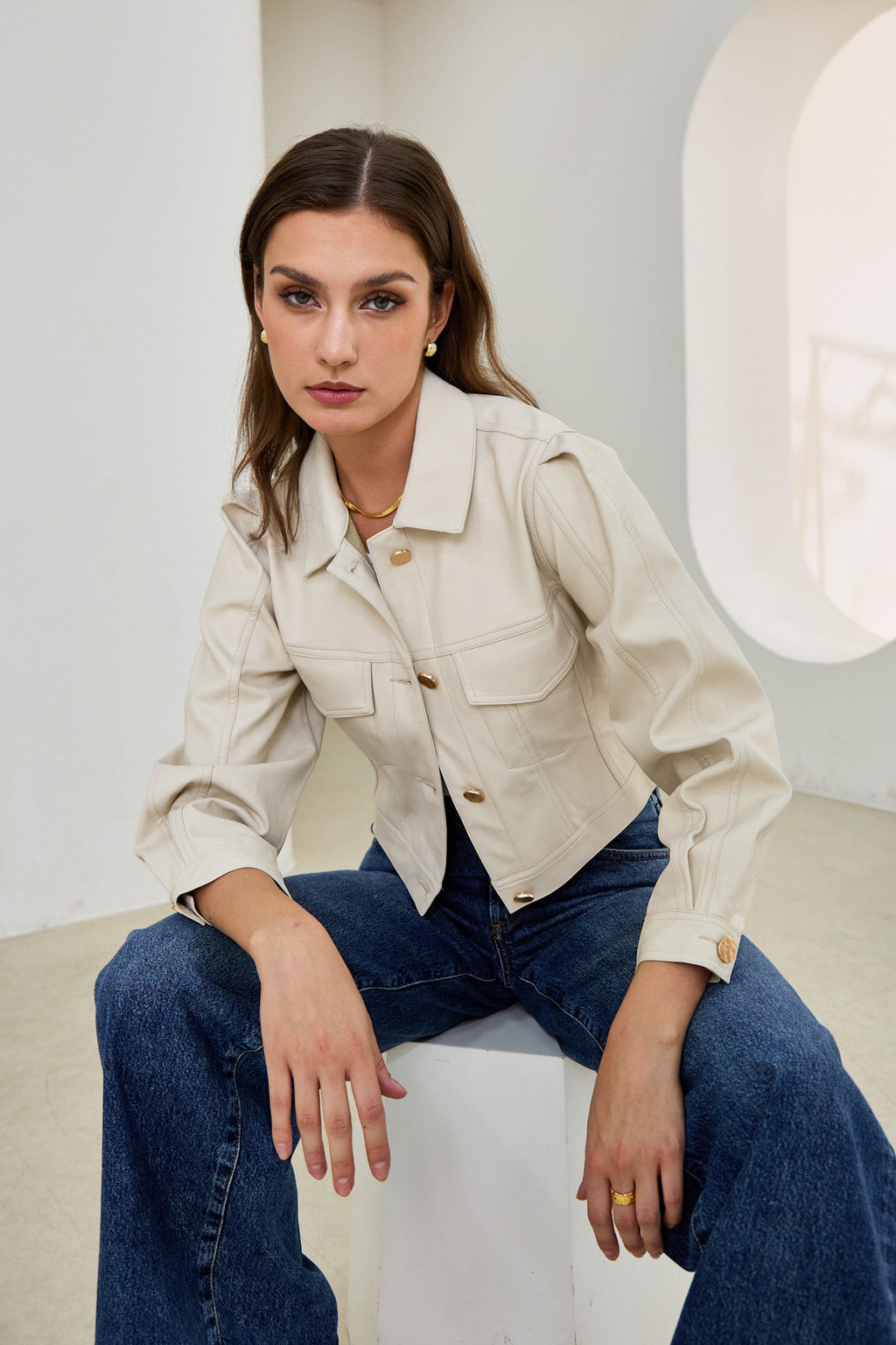 Beige Cropped Faux Leather Jacket