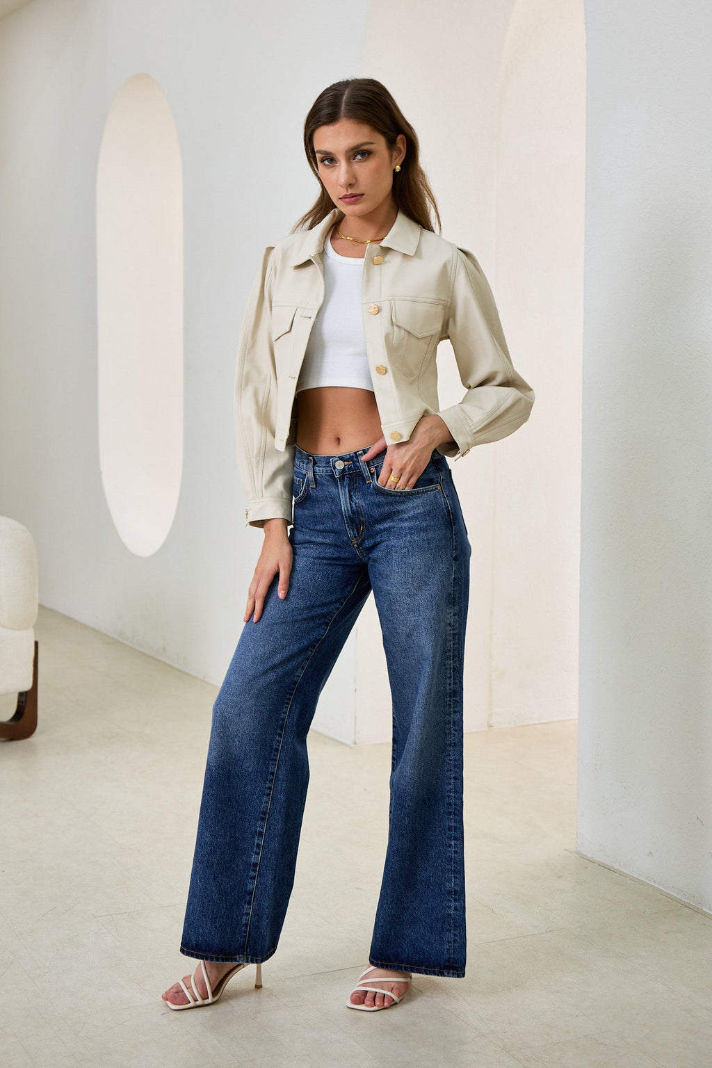 Beige Cropped Faux Leather Jacket