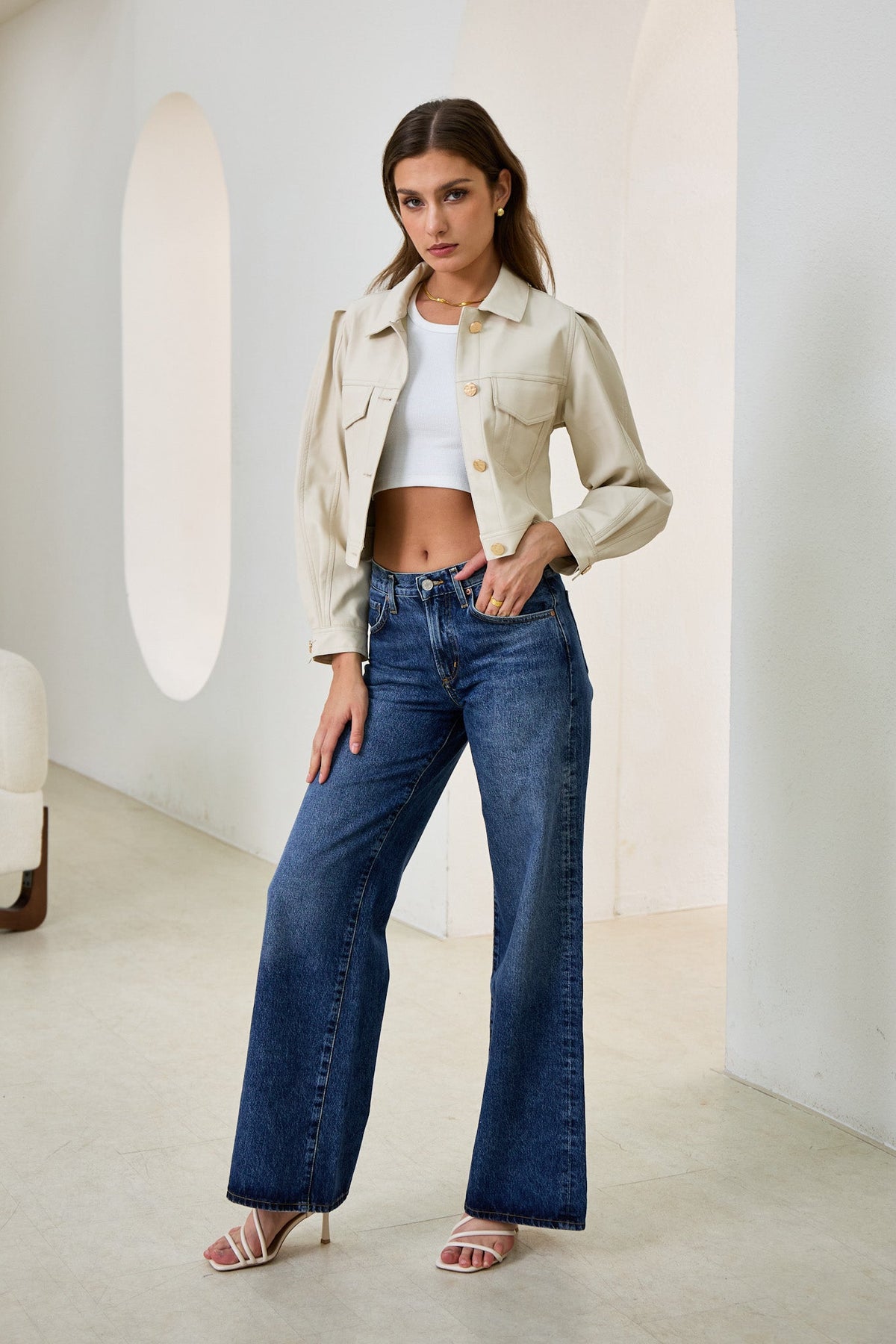 Beige Cropped Faux Leather Jacket