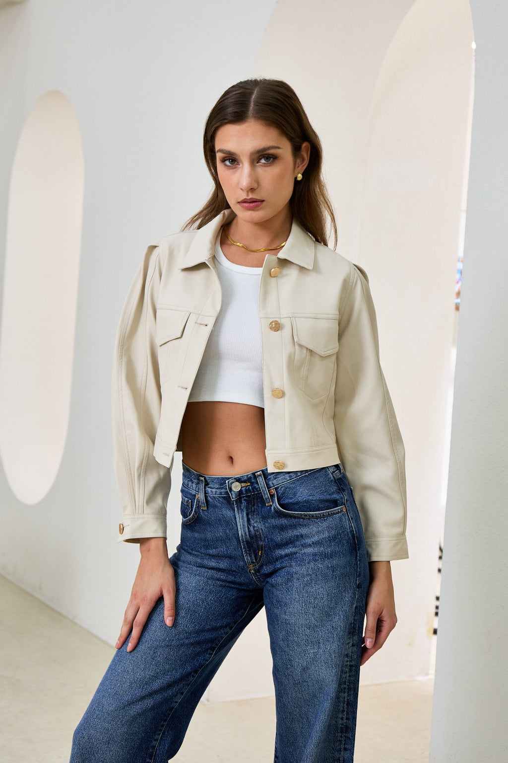 Beige Cropped Faux Leather Jacket