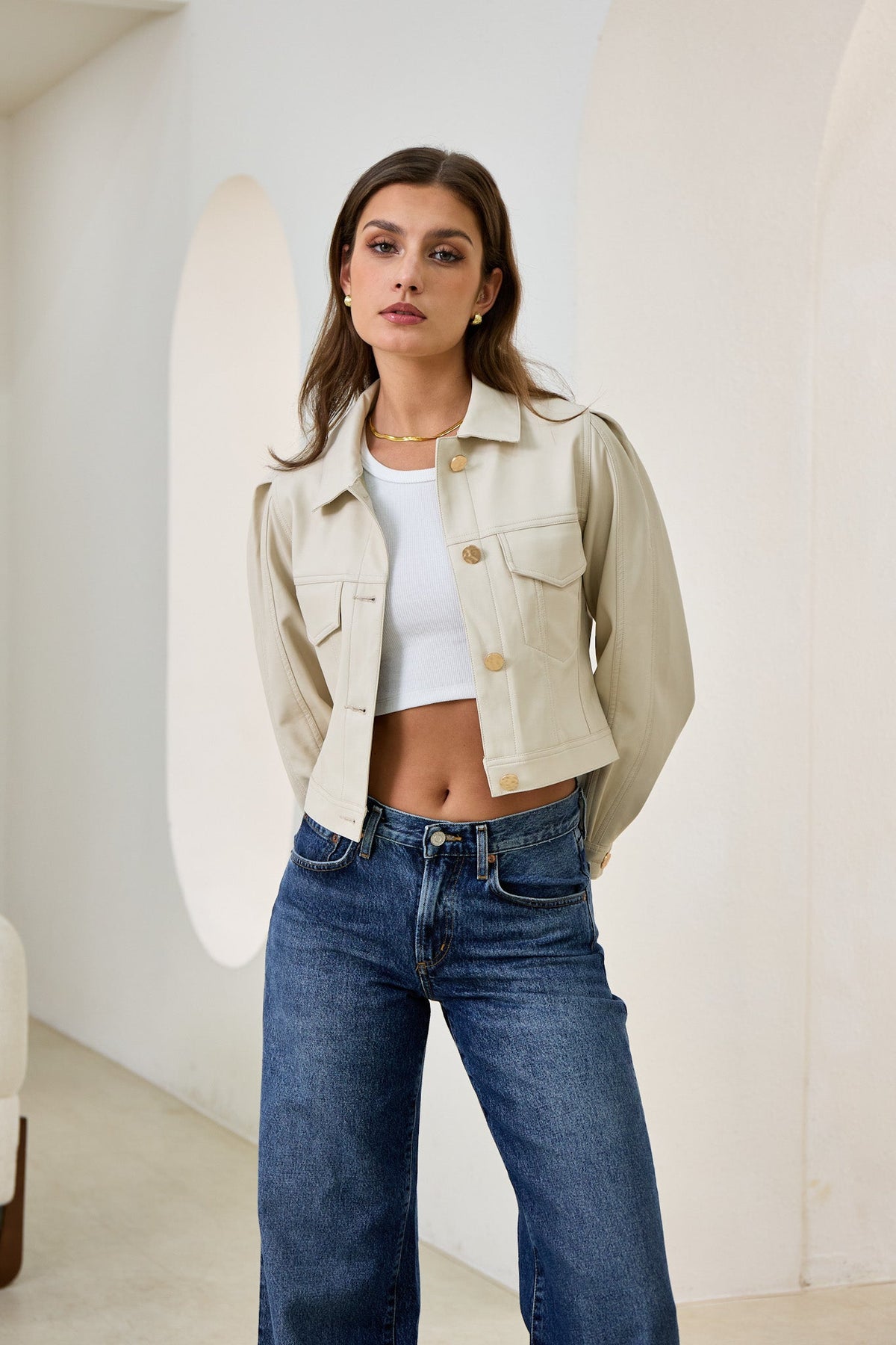 Beige Cropped Faux Leather Jacket