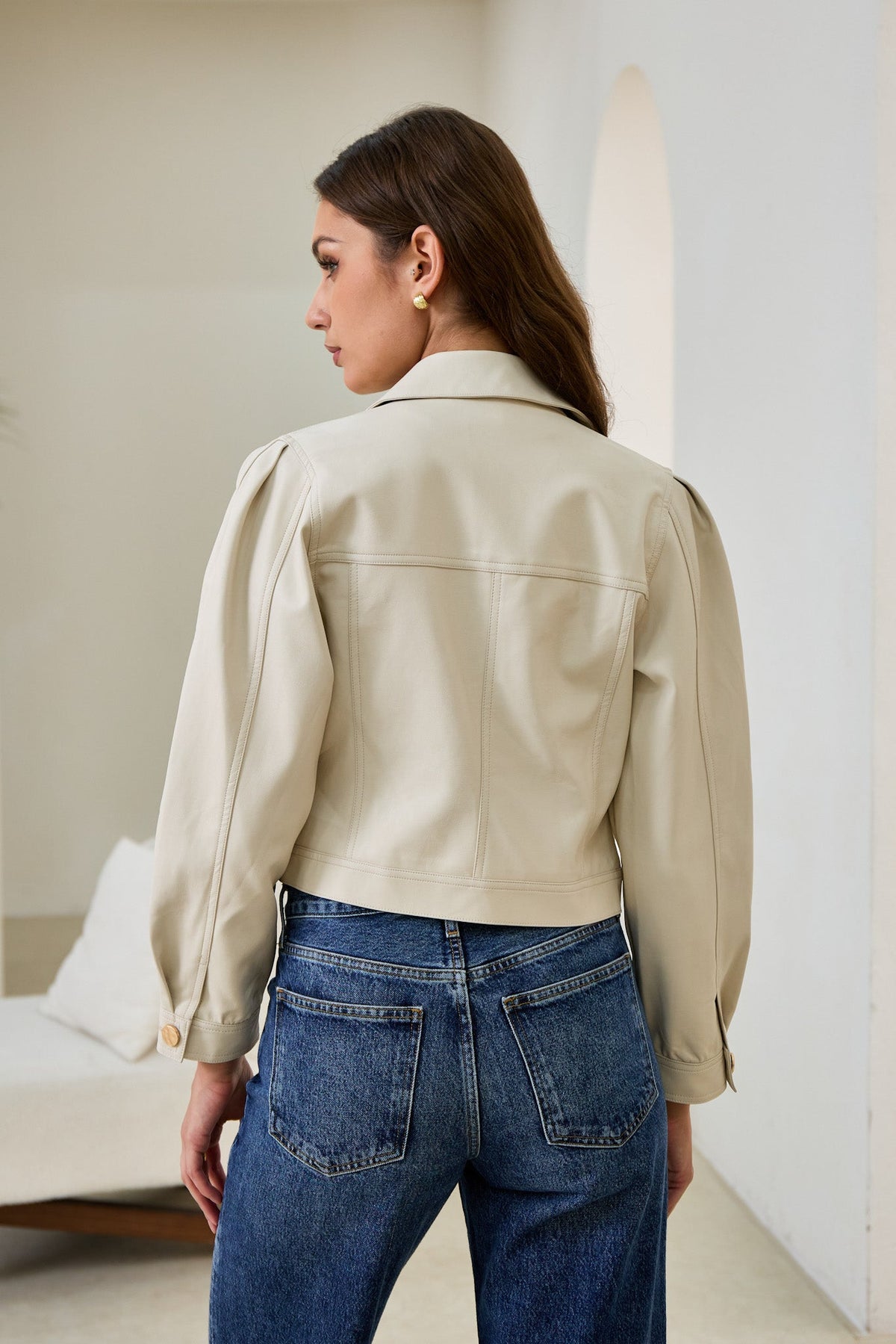 Beige Cropped Faux Leather Jacket