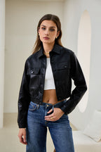 Black Faux Leather PU Cropped Jacket