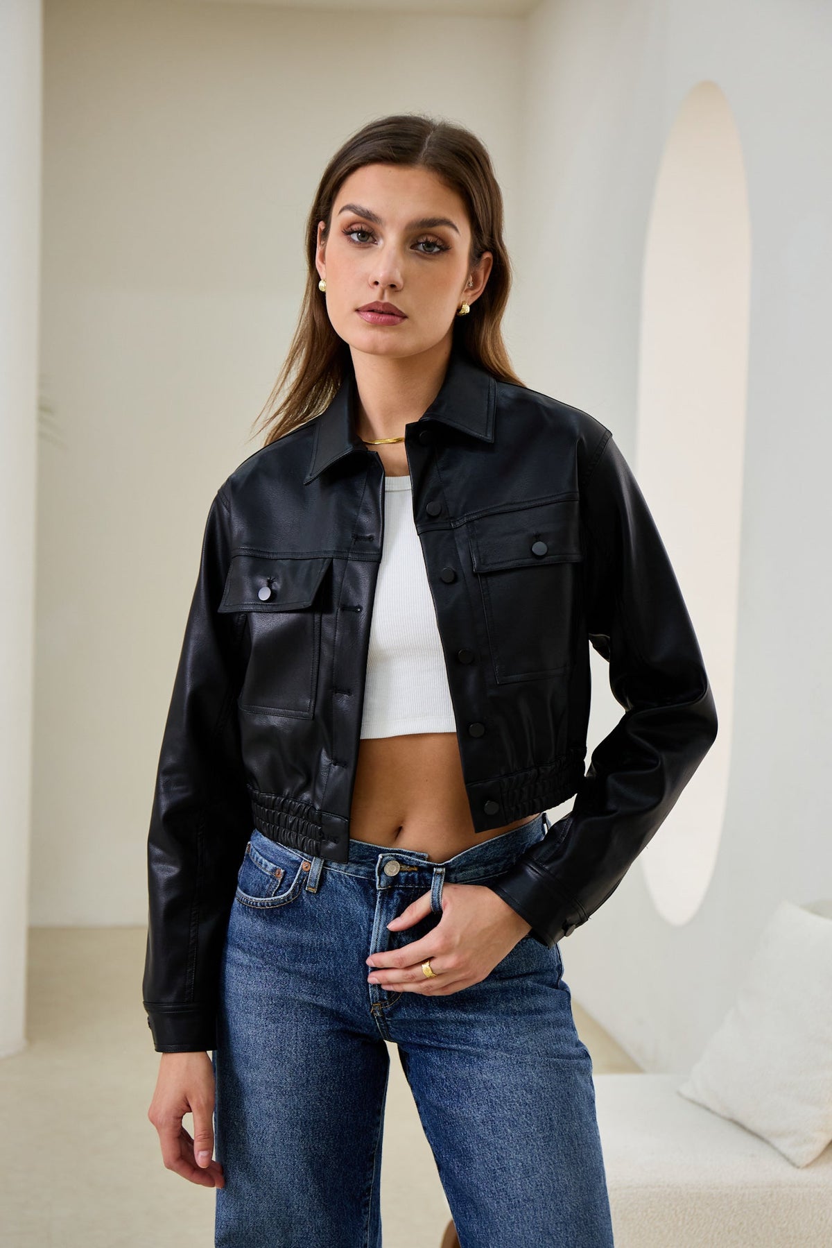 Black Faux Leather PU Cropped Jacket
