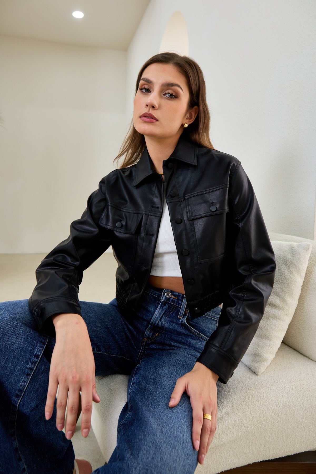 Black Faux Leather PU Cropped Jacket