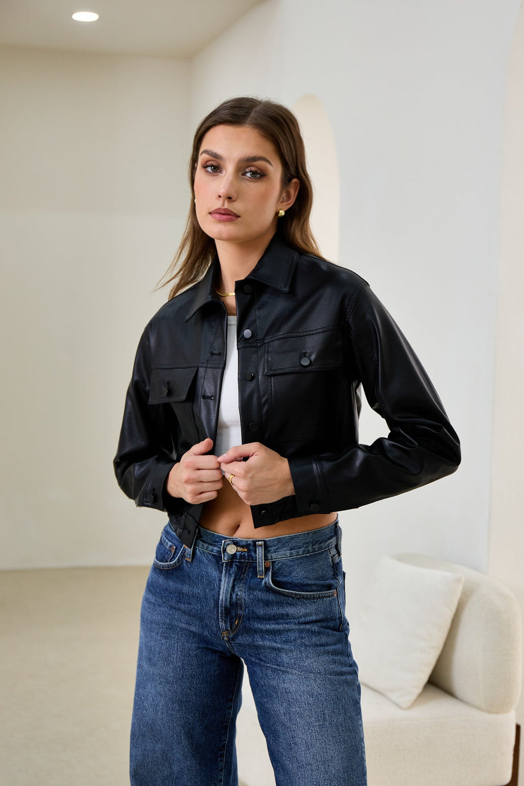 Black Faux Leather PU Cropped Jacket