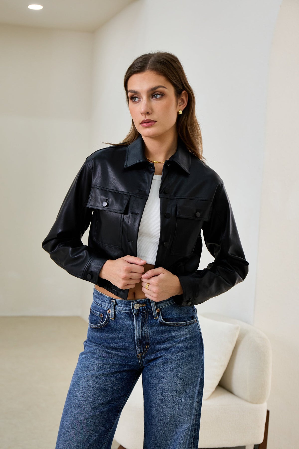 Black Faux Leather PU Cropped Jacket