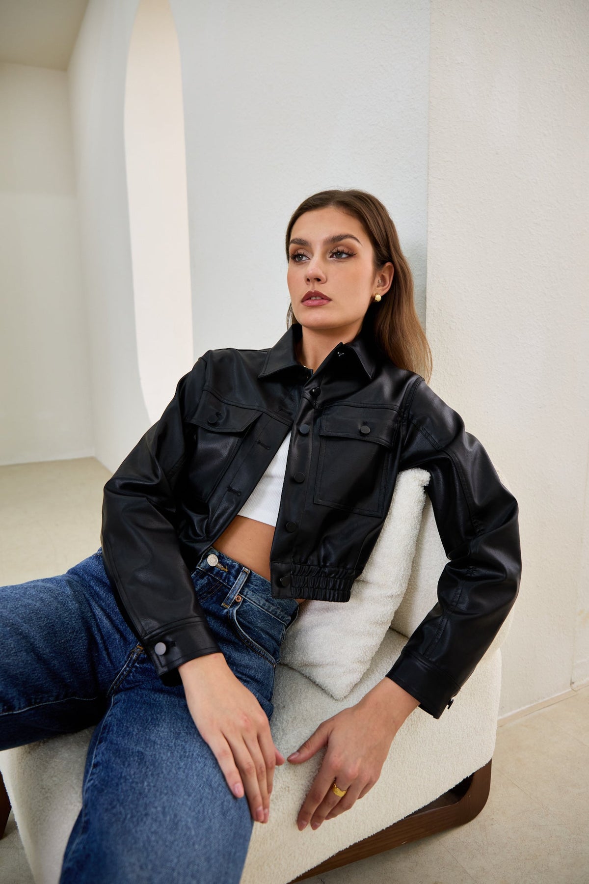 Black Faux Leather PU Cropped Jacket