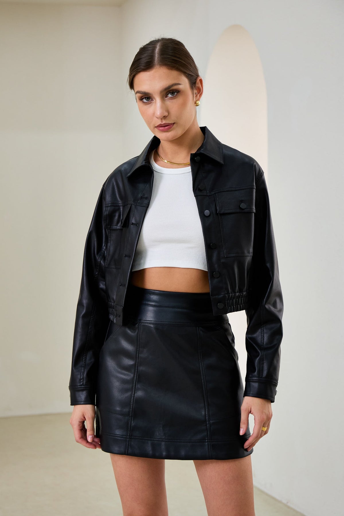 Black Faux Leather PU Cropped Jacket