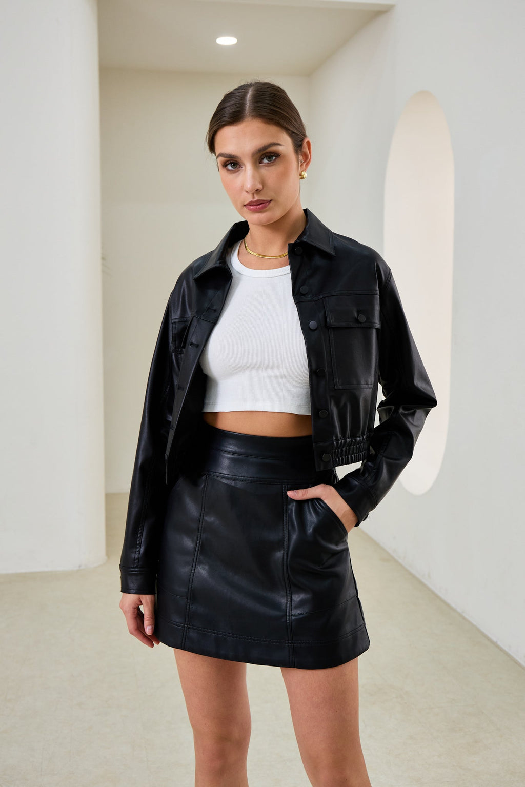 Black Faux Leather PU Cropped Jacket