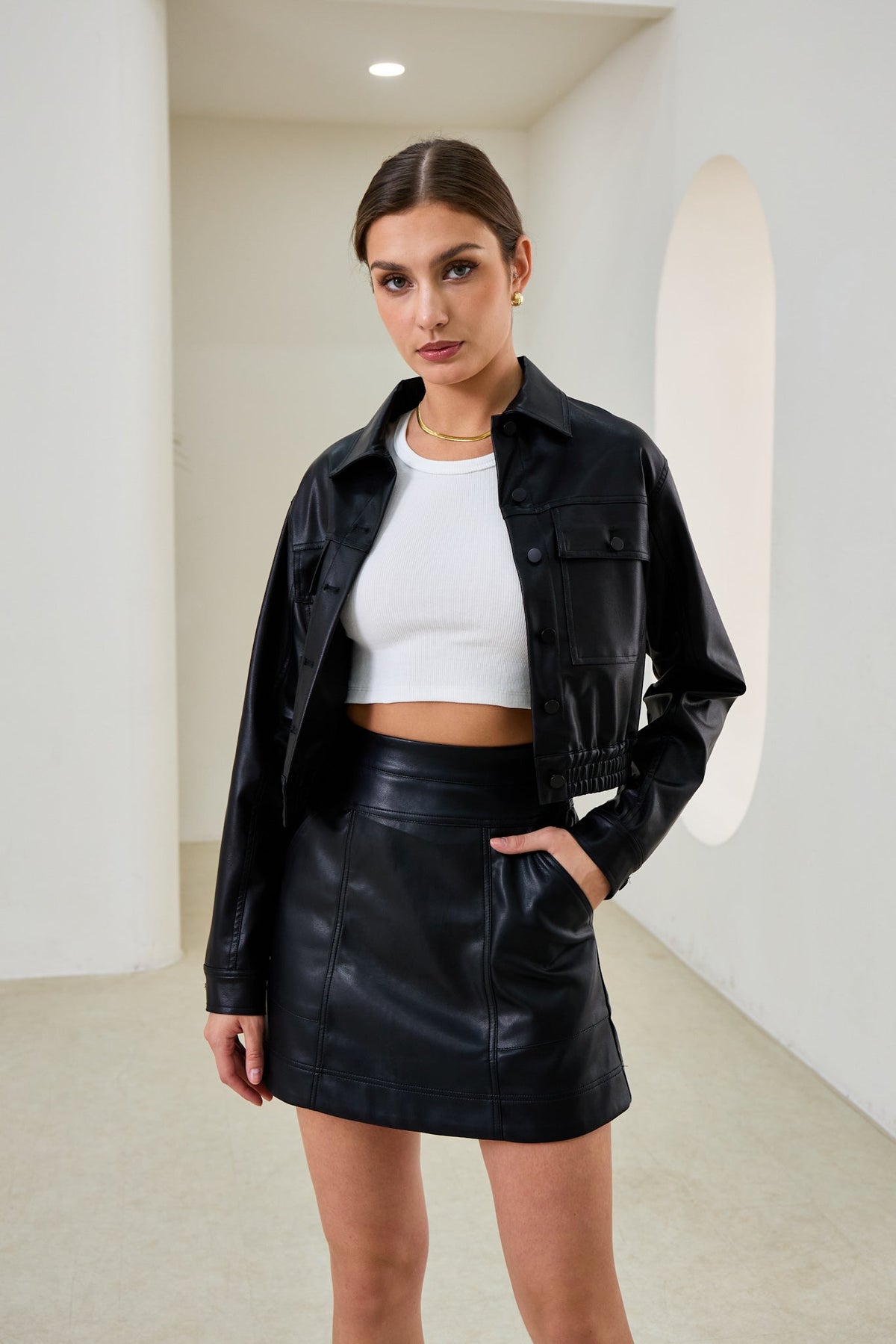 Black Faux Leather PU Cropped Jacket