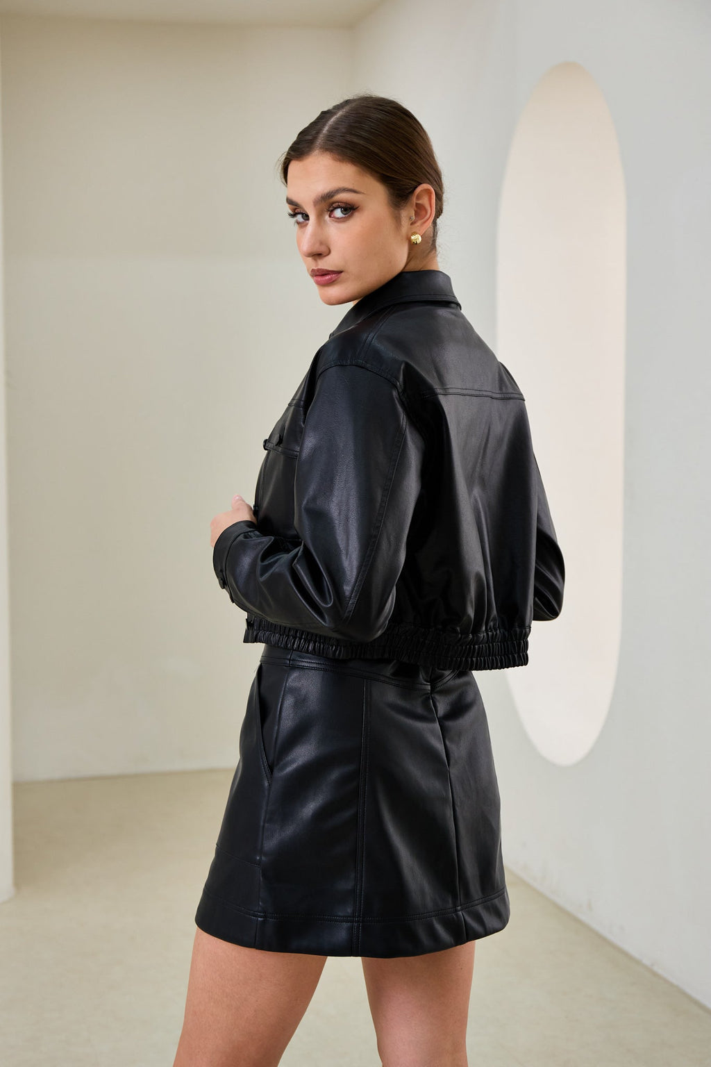 Black Faux Leather PU Cropped Jacket