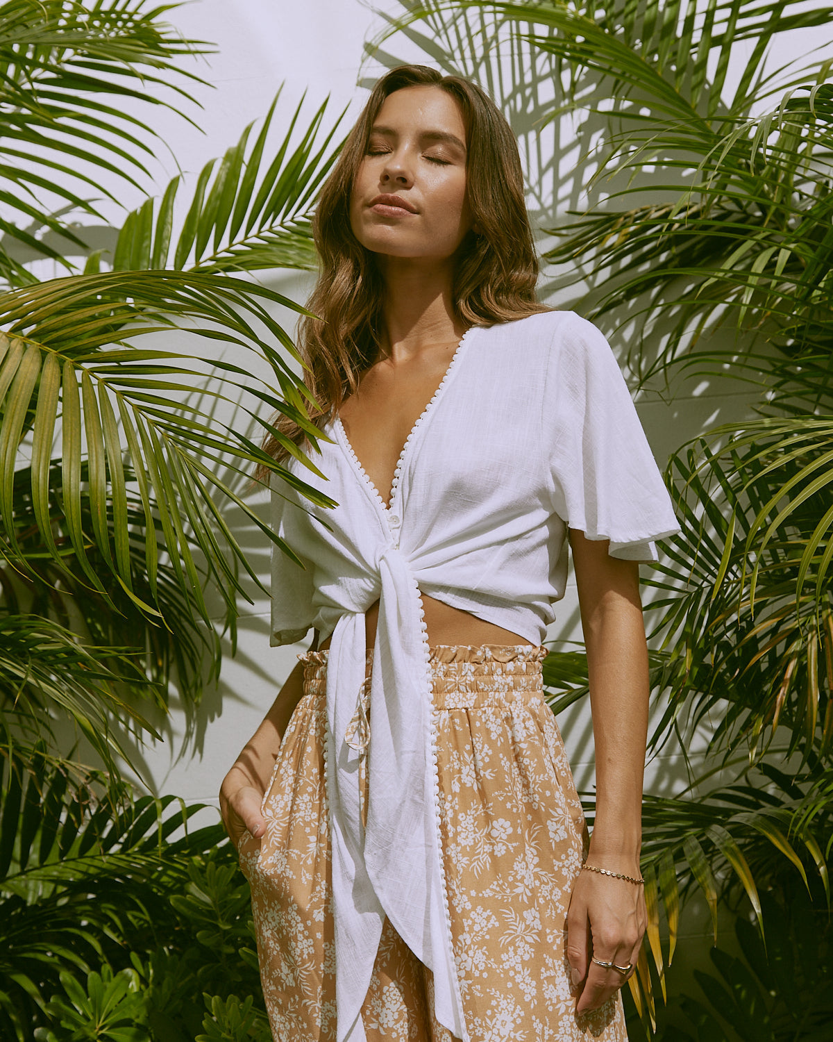 White Broderie Tie Front Crop Top