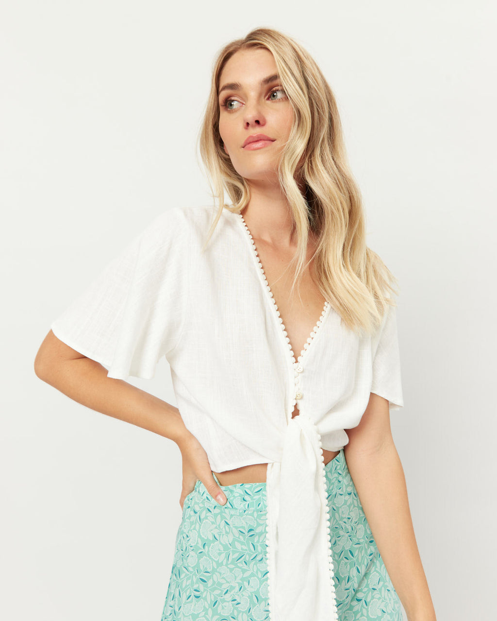 White Broderie Tie Front Crop Top