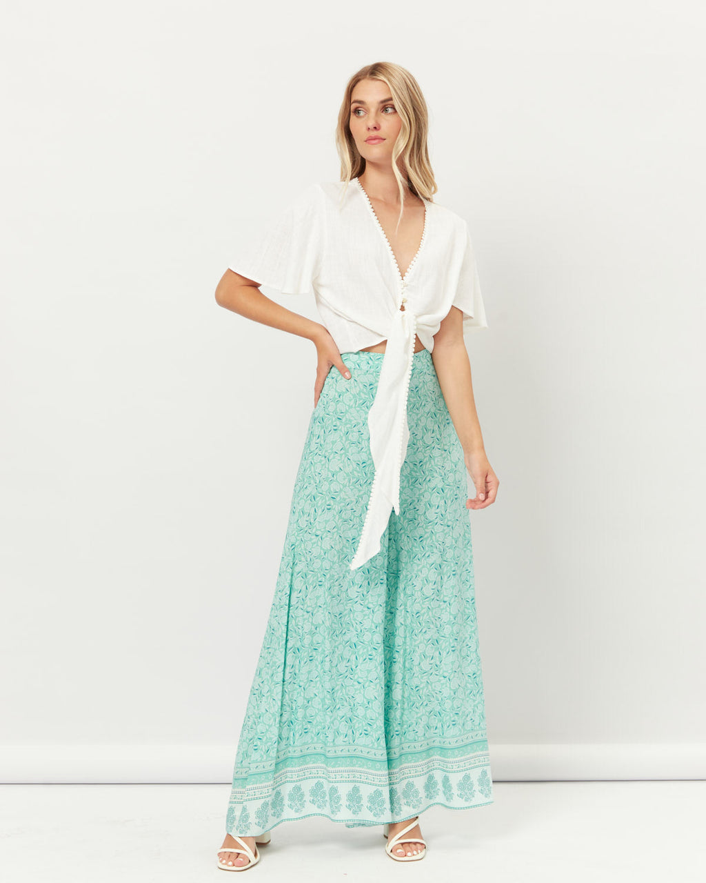 White Broderie Tie Front Crop Top