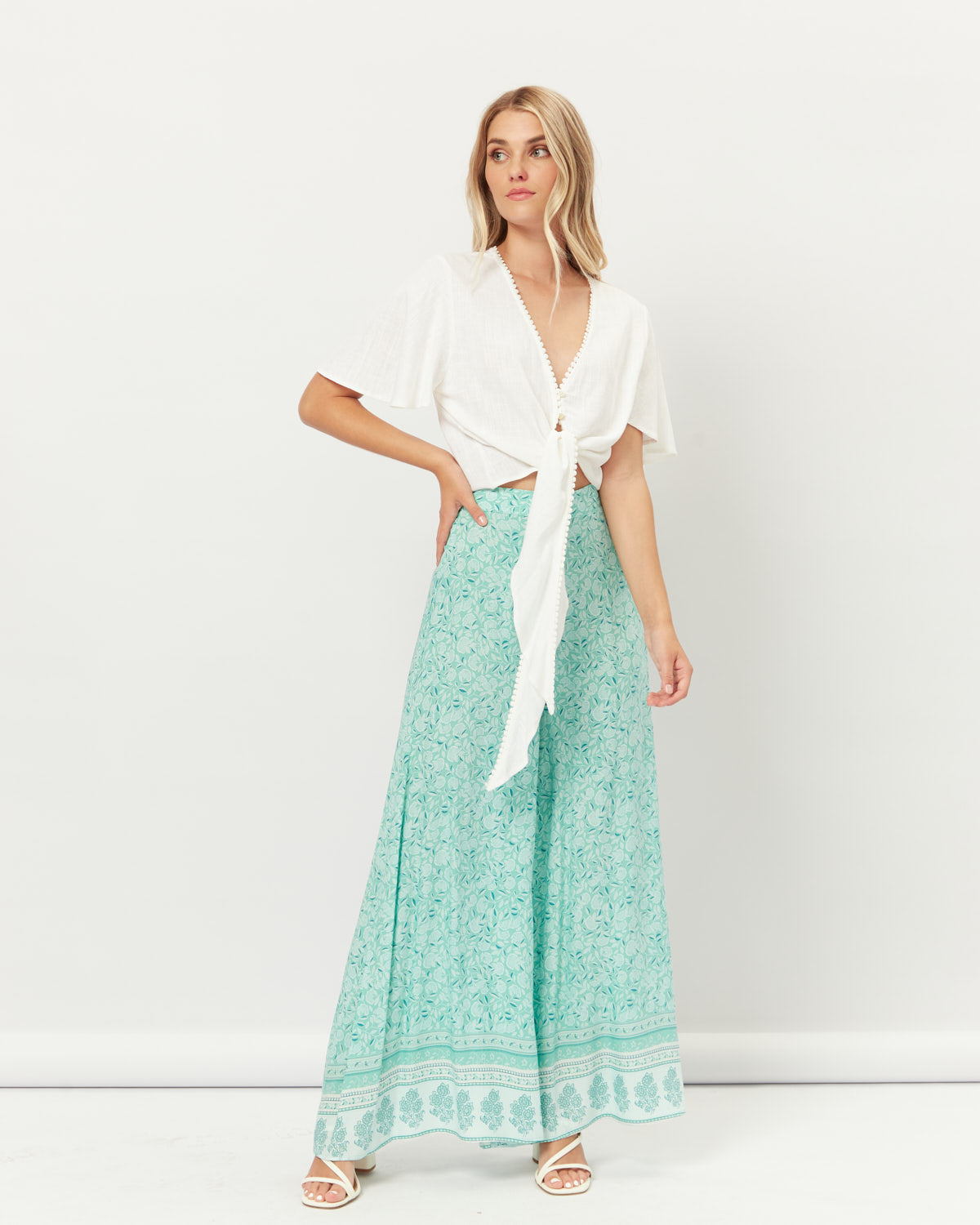White Broderie Tie Front Crop Top