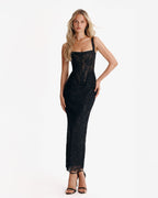 Straight-Neck Scalloped-Lace-Hem Back-Slit Party Dress