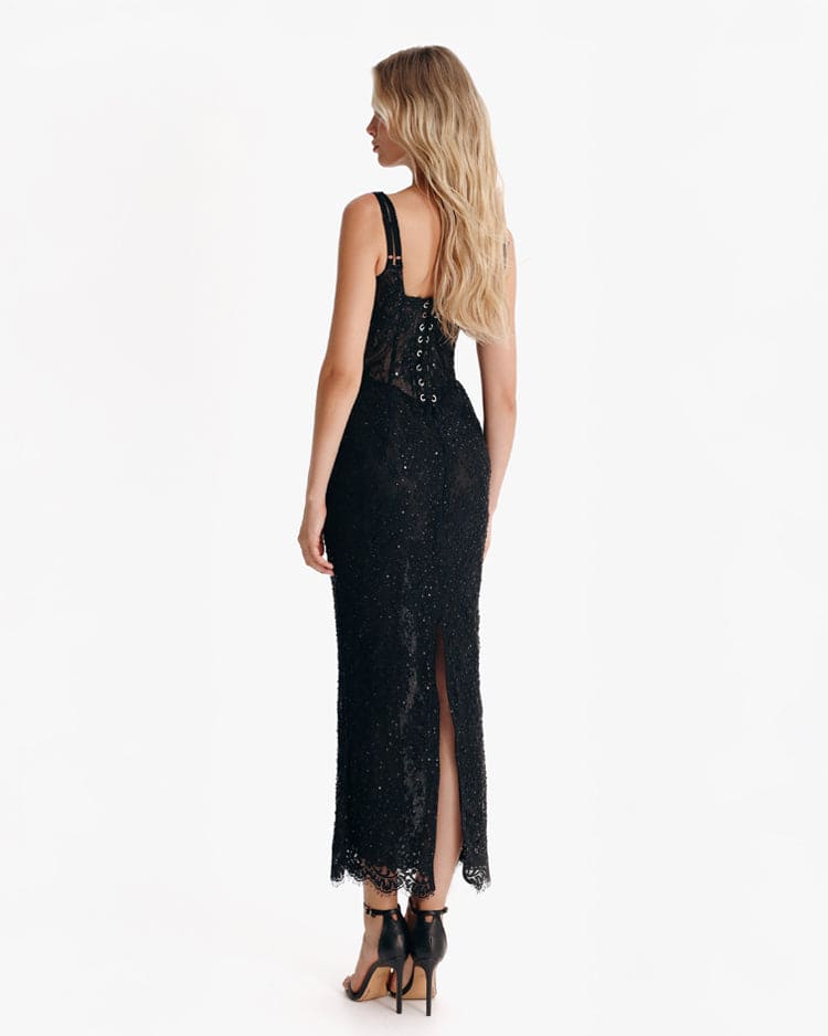 Straight-Neck Scalloped-Lace-Hem Back-Slit Party Dress