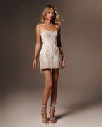 Beige Sequin-Frill Lace Corset Mini Dress