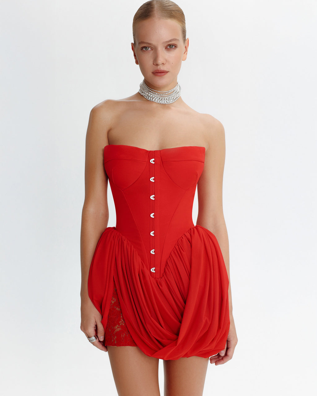 Red Off-Shoulder Drape Sculpt Mini Dress