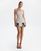 Nude Silver Embroidery Velvet Bow Mini Dress