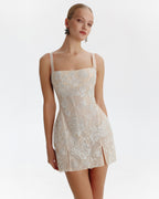 Nude Silver Embroidery Velvet Bow Mini Dress